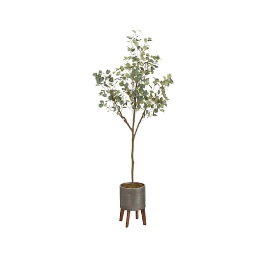 Kate and Laurel 6ft. Eudora Faux Eucalyptus Tree in Gavri Wood & Metal Planter
